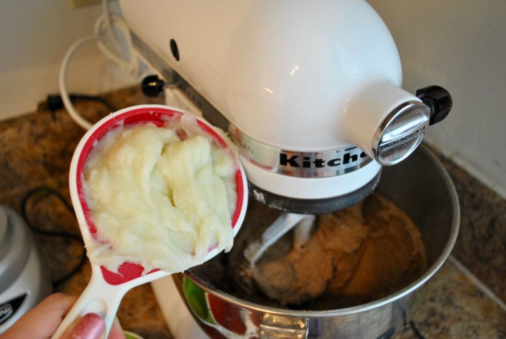 Adding mashed potatoes- Slainte! Irish Chocolate Guinness Potato Cake with Wiskey Buttercream