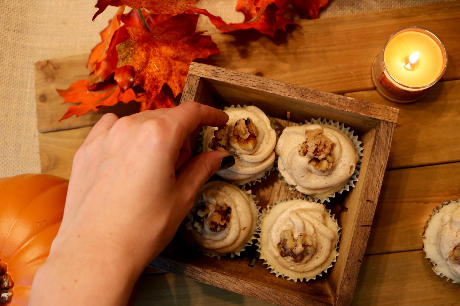 Baked Pear Cupcakes with Brown Sugar Frosting | Katie Actually