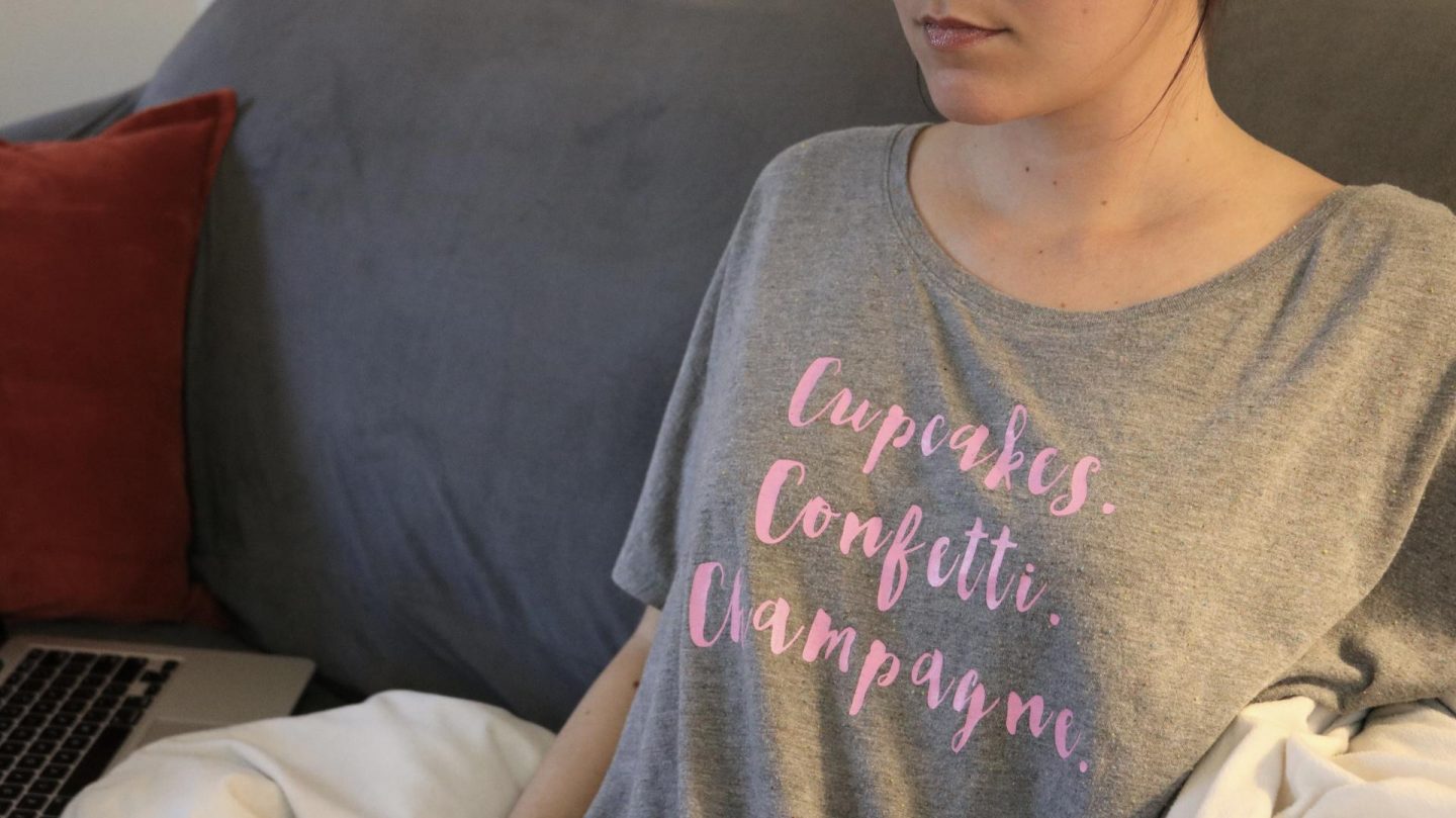 Katie in Cupcakes, Confetti, and Champagne shirt from Style Revel