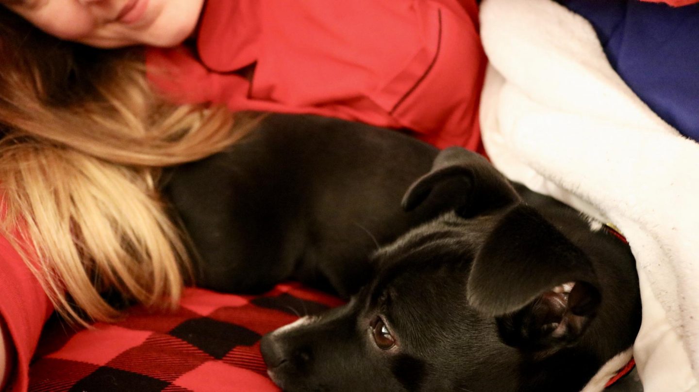 Katie cuddling Luna the puppy