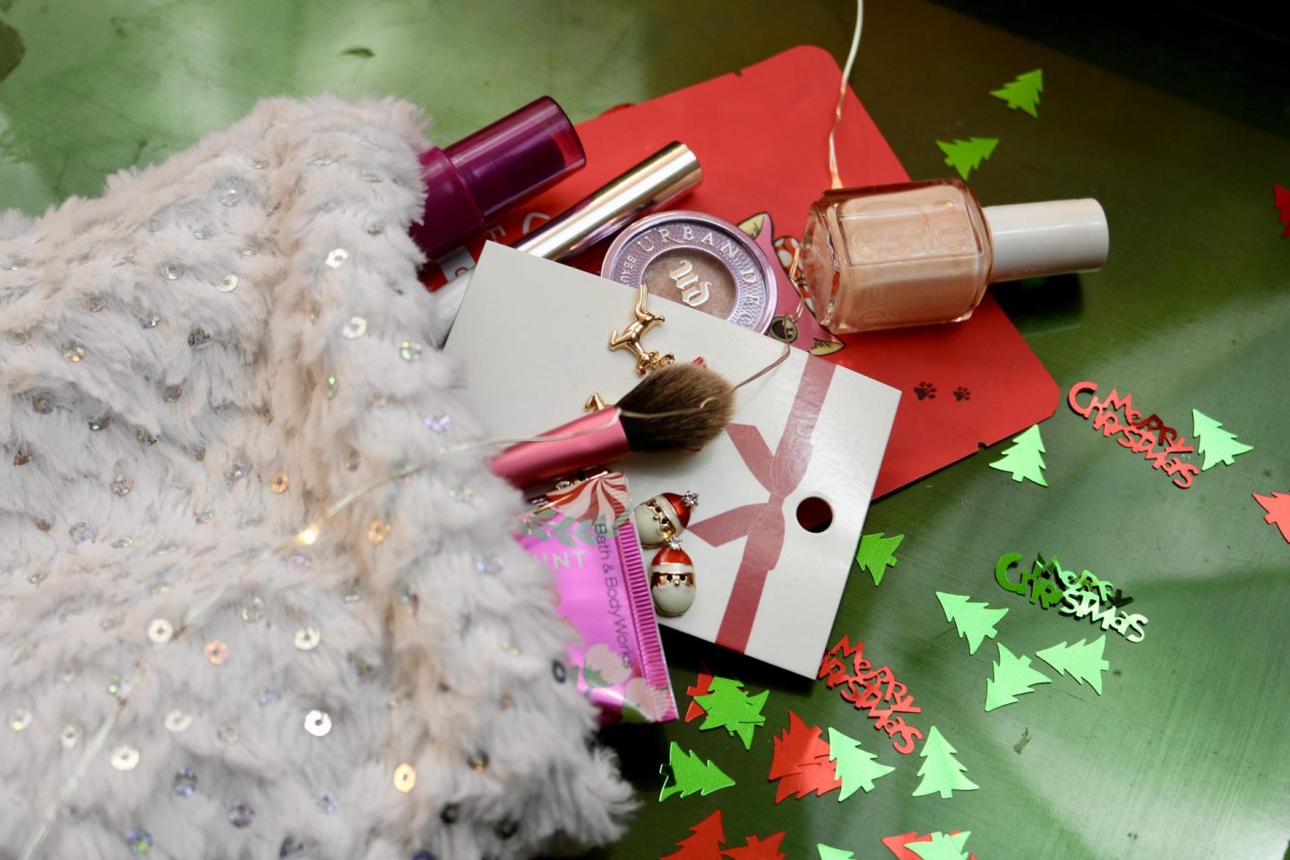 Beauty gifts falling out of a stocking