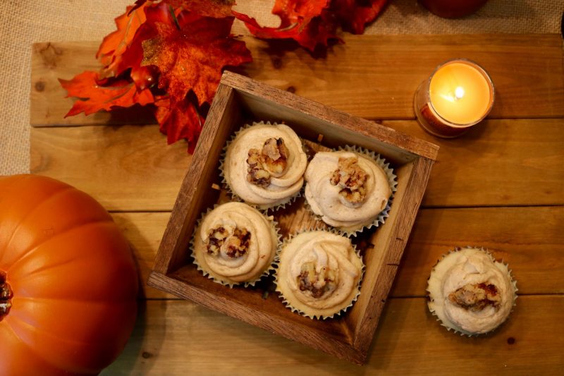 Baked Pear Cupcakes with Brown Sugar Frosting | Katie Actually