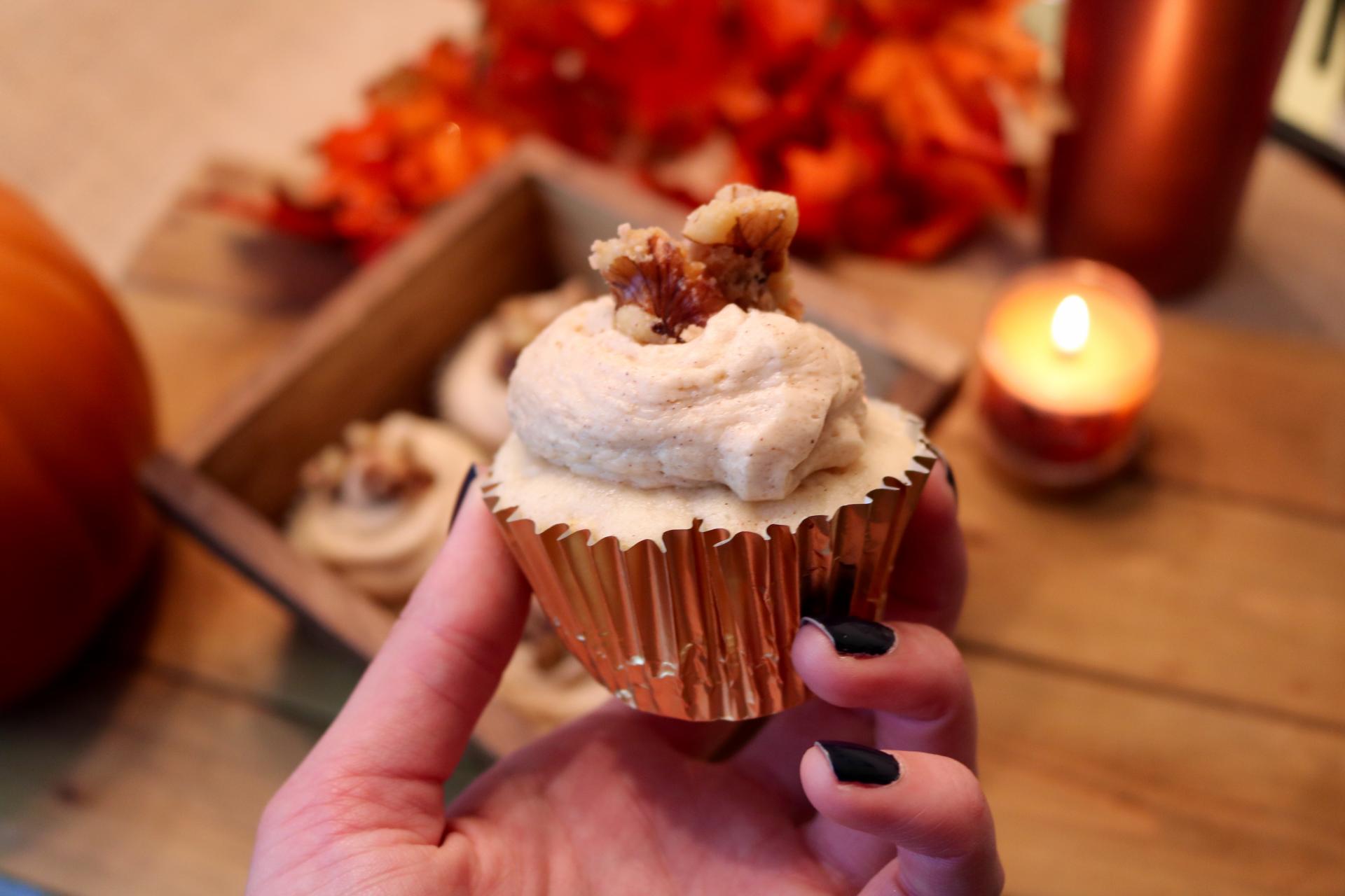 Baked Pear Cupcakes with Brown Sugar Frosting | Katie Actually